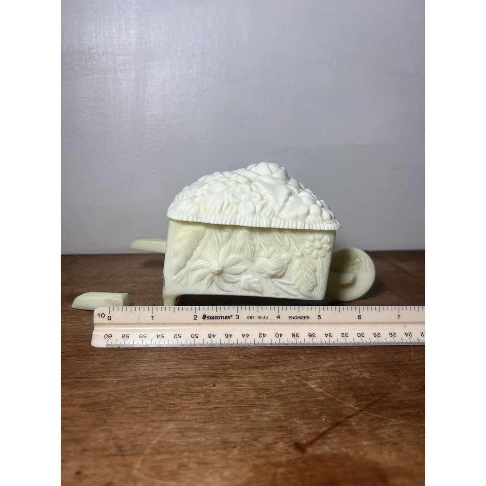 As Is-clean Break-chipped Lid-uranium Glass Custard Glow Wheelbarrow Candy Dish